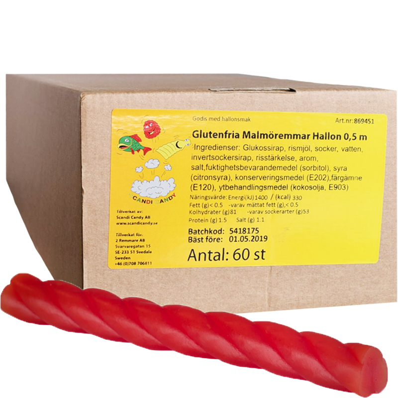 Hel Låda Godis "Malmöremmar" Hallon 60-pack - 50% rabatt
